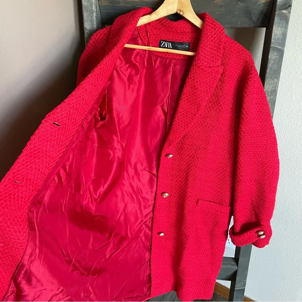 Zara Textured Tweed Coat Gold Buttons Oversized Jacket Red BLOGGER FAVORITE